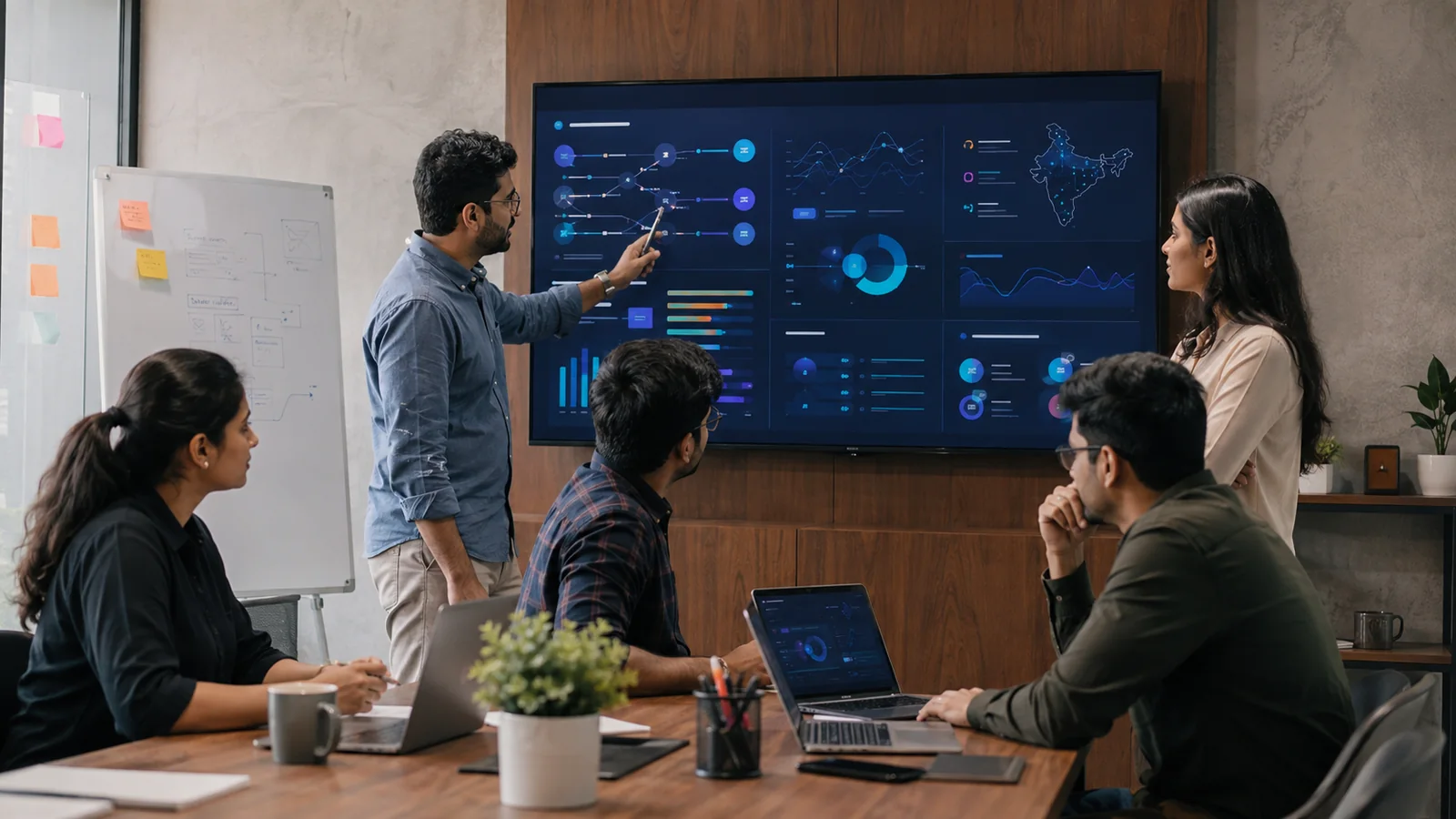 Indian product engineers and strategists collaborating around a real-time intelligence dashboard