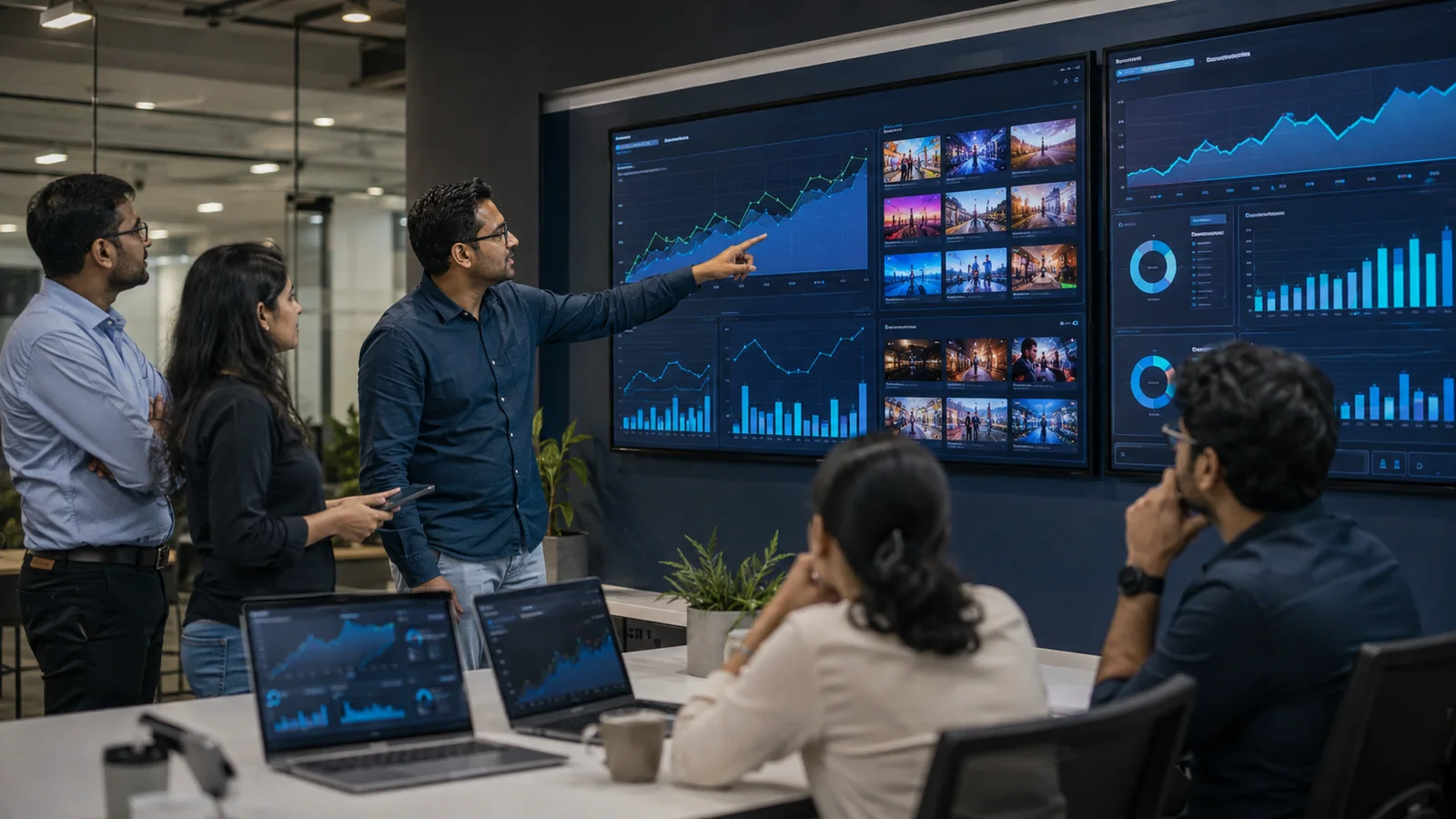 An Indian digital team reviewing video, reach and campaign performance analytics