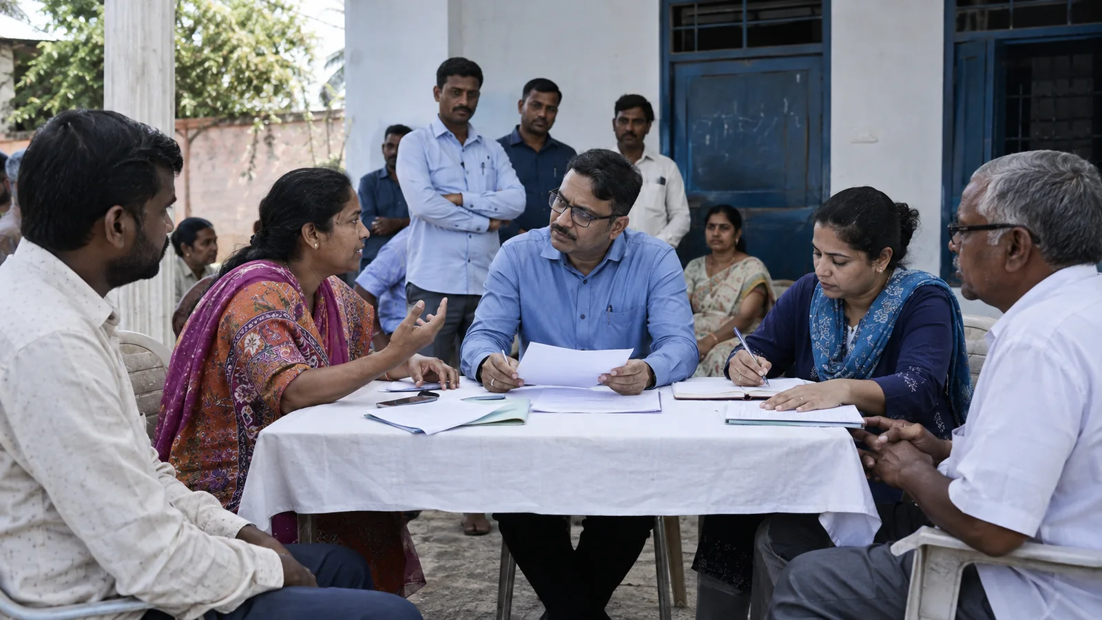 Residents and a fictional political leader discussing constituency grievances with field staff