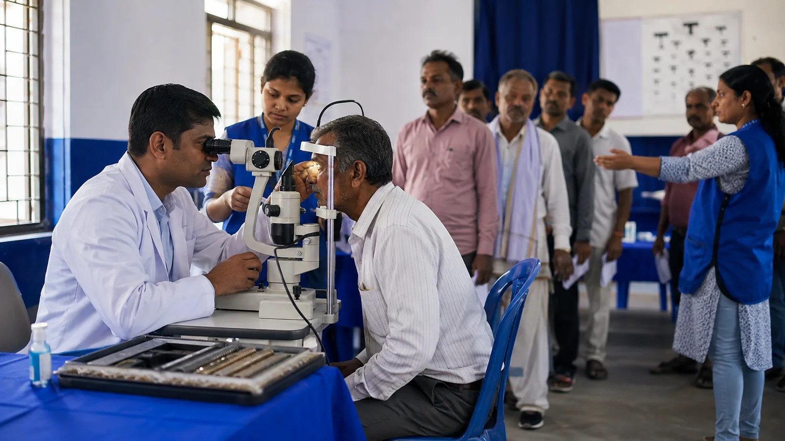 Healthcare professionals conducting an eye screening at an Indian community camp