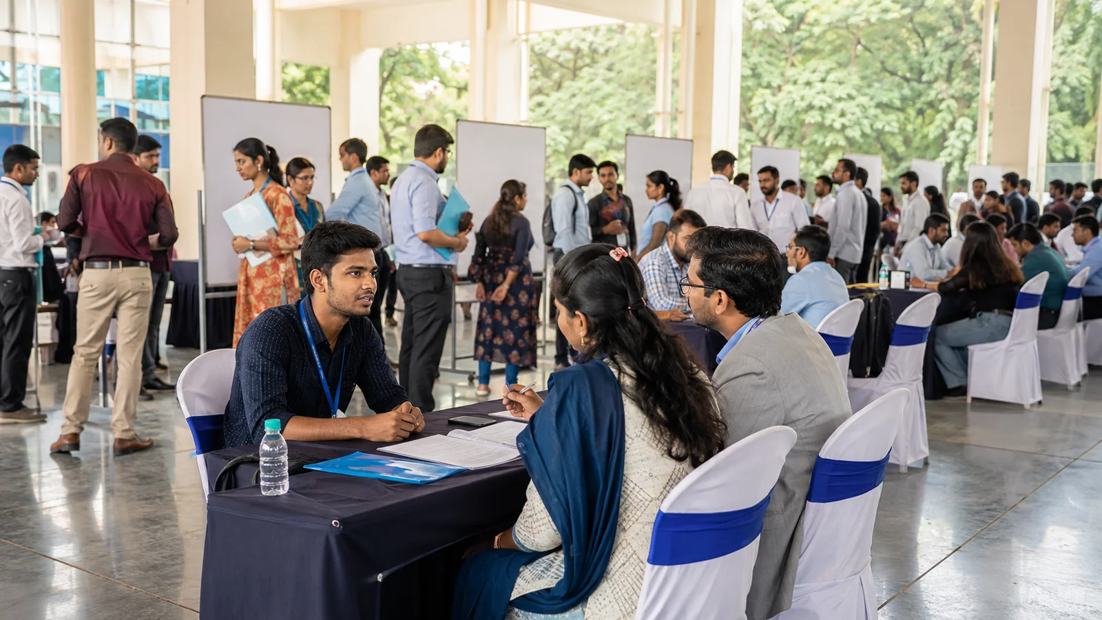 Young Indian adults meeting employers at an organized constituency job mela