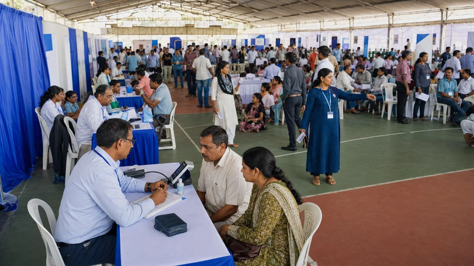 A large organized health camp serving adults at multiple medical stations in India