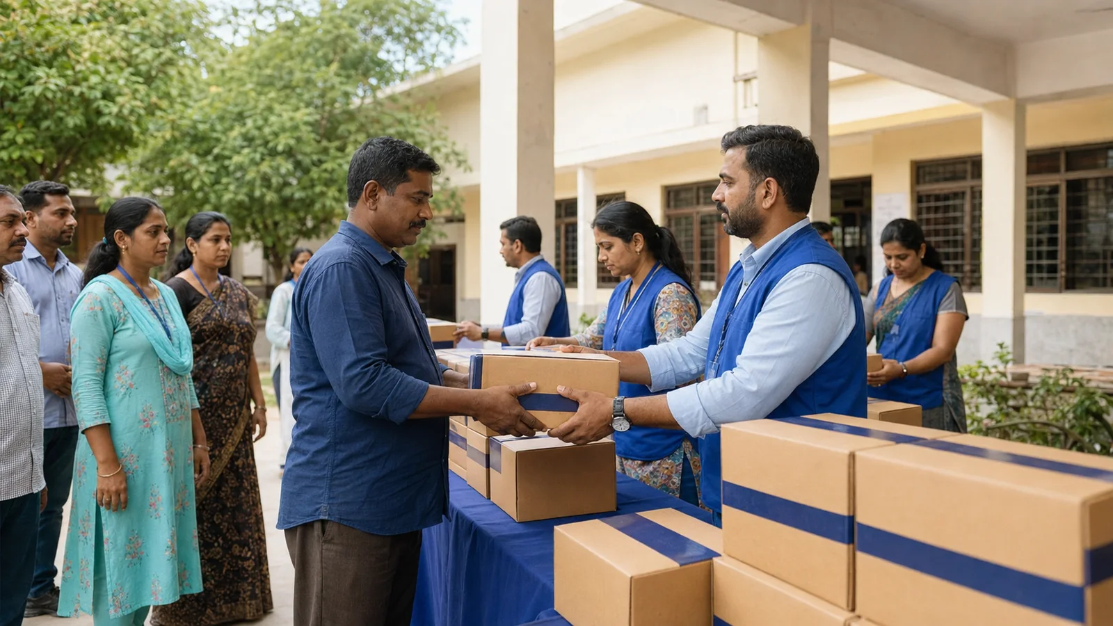 Volunteers respectfully distributing sealed nutrition kits during community outreach
