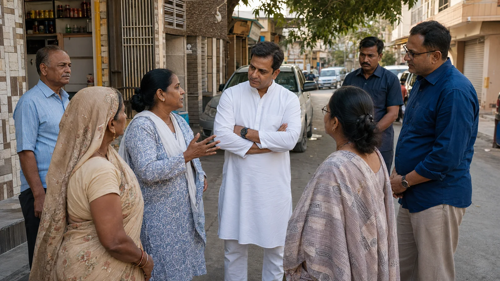 A fictional Indian political leader listening to residents during a constituency field visit