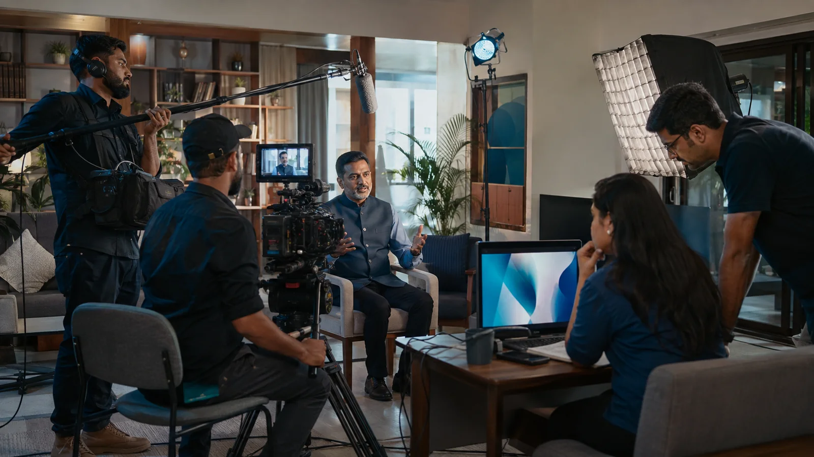 An Indian social content crew filming and reviewing a leadership video